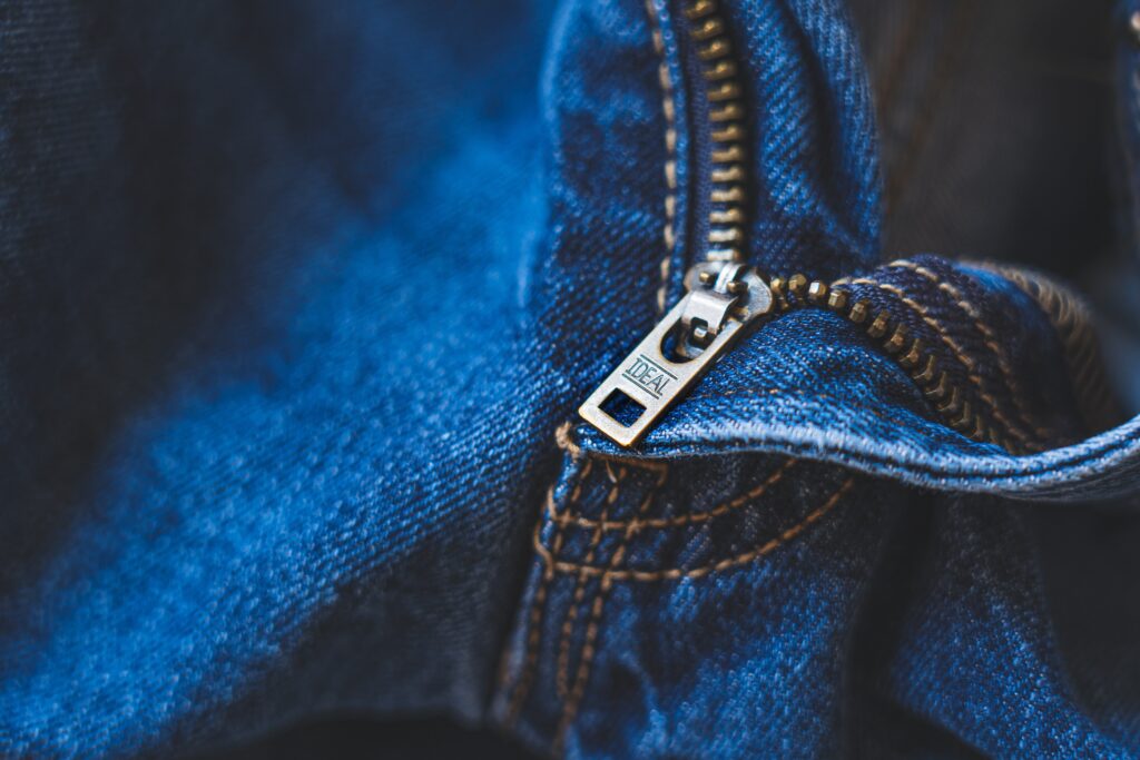 Denim jeans produced by a UK-based clothing brand.