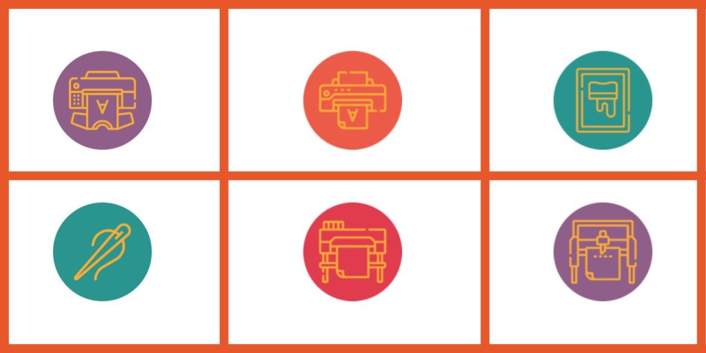 Icons to represent t-shirt printing methods offered by My Personalised Clothing - DTG, DTF, screen printing, embroidery, digital transfer and heat transfer vinyl.