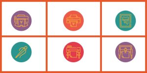 Icons to represent t-shirt printing methods offered by My Personalised Clothing - DTG, DTF, screen printing, embroidery, digital transfer and heat transfer vinyl.