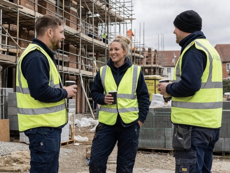 Three workers stood drinking coffee, dressed in high visibility workwear.