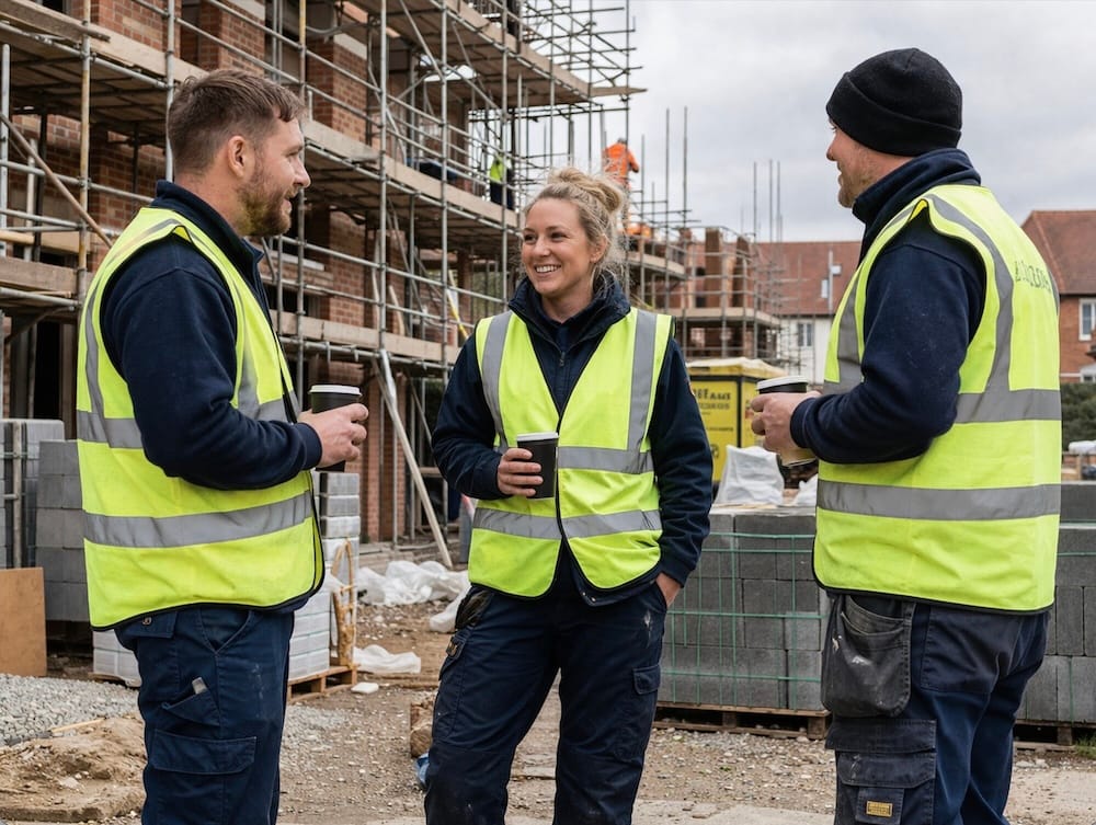 Three workers stood drinking coffee, dressed in high visibility workwear.