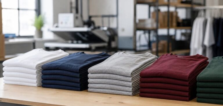 Folded blank t-shirts in white, navy, grey, burgundy and green.