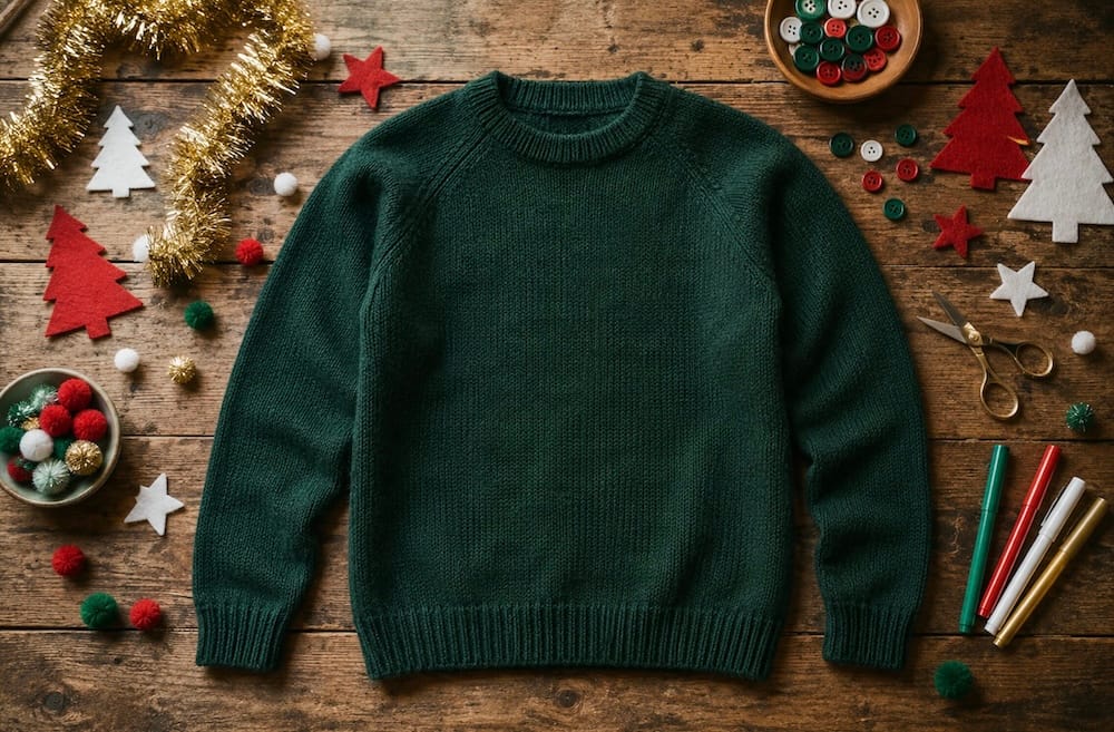 Plain green jumper surrounded by tinsel, felt shapes, pom-poms and fabric pens for a DIY Christmas jumper.