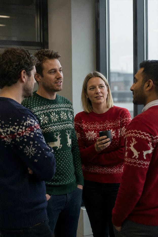 Office colleagues wearing Christmas jumpers chatting on Christmas Jumper Day