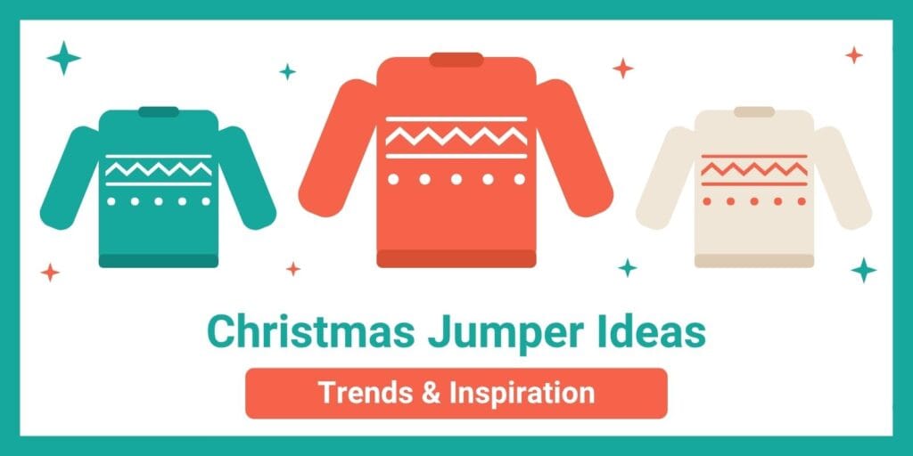 Three illustrated Christmas jumpers in teal, coral and cream for a Christmas jumper ideas guide.