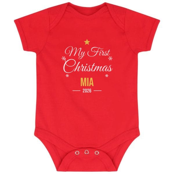 Red My First Christmas babygrow personalised with the name Mia.