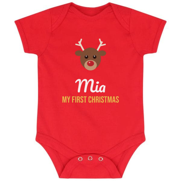 Red reindeer baby’s first Christmas babygrow.