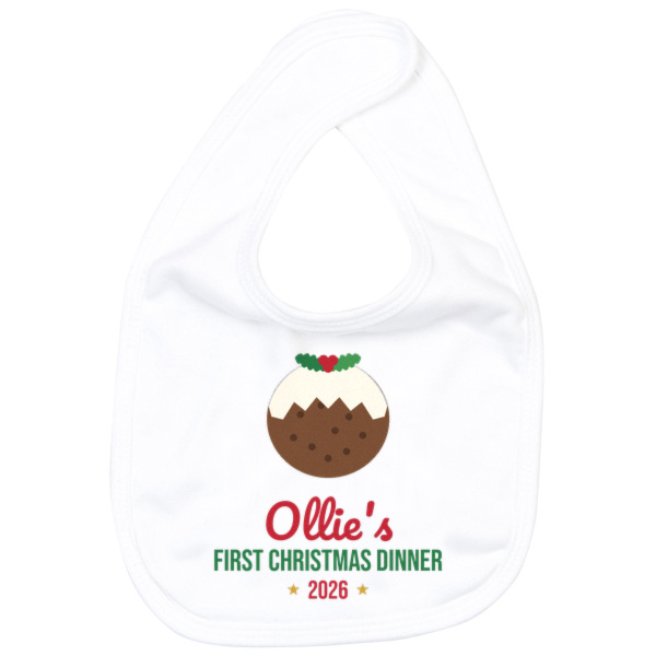 White first Christmas dinner bib with a Christmas pudding.