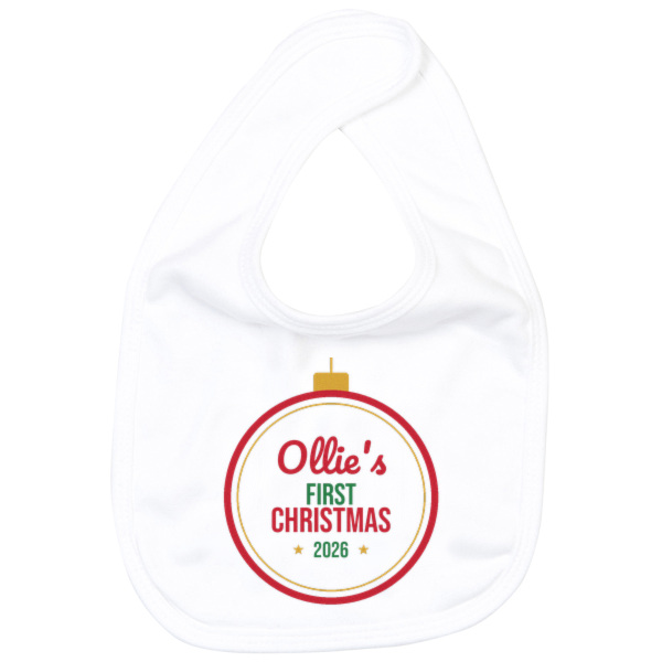 White My First Christmas bib with a bauble design personalised with the name Ollie.