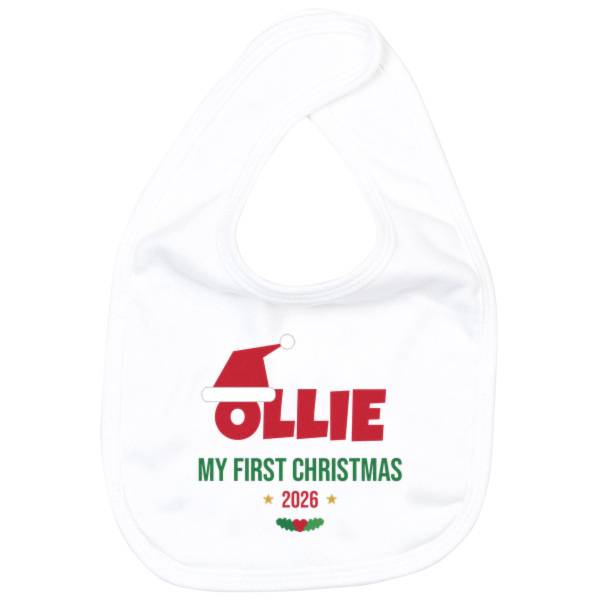 White Santa hat My First Christmas bib.